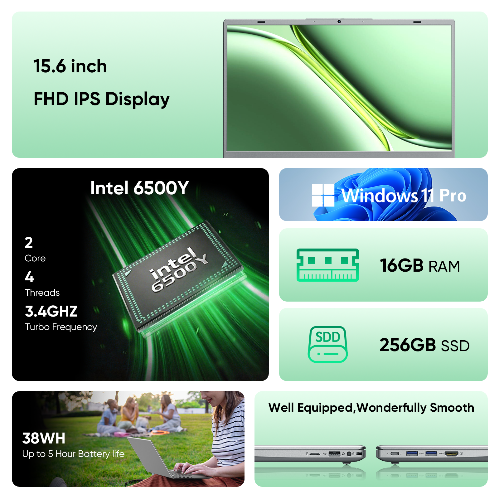 VIGSENUP 15.6" Full HD Laptop with 16GB RAM 256GB SSD,Laptop Computer, Dual-core 6500Y Processor Up to 3.4GHz,WiFi5,USB-C, Poratable Business and Student Laptops