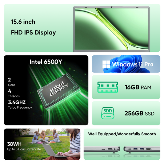 VIGSENUP 15.6" Full HD Laptop with 16GB RAM 256GB SSD,Laptop Computer, Dual-core 6500Y Processor Up to 3.4GHz,WiFi5,USB-C, Poratable Business and Student Laptops