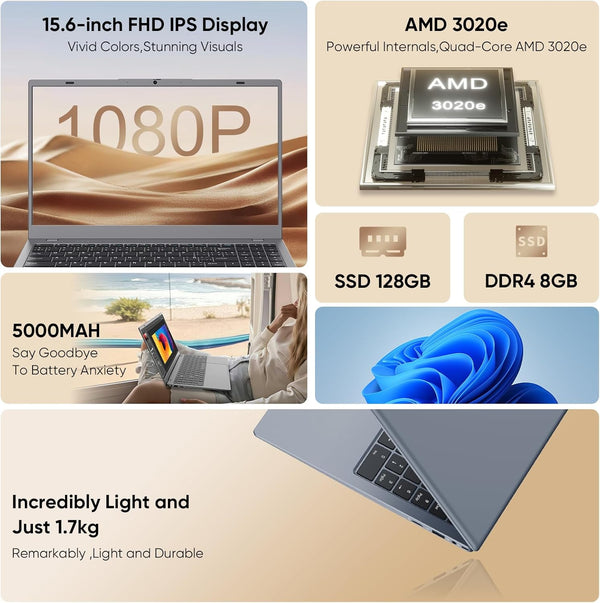 VIGSENUP Laptop,15.6'' Laptop Computer,8GB RAM LPDDR4 128GB SSD(Expandable to 1TB), AMD Athlon Processor Up to 2.6 GHz,WiFi 5,BT 5.0, Webcam, Portable and Slim Laptop