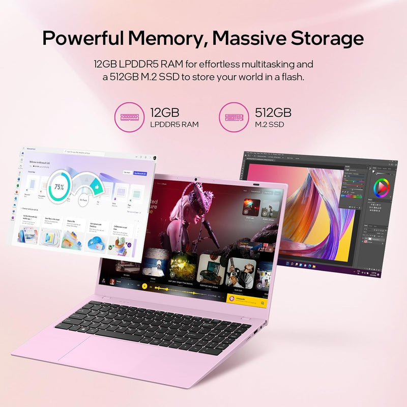 Pink Laptop,15.6 Inch Laptop Computer,12GB RAM 512GB SSD,4-Cores N150 Processor(Beat to N95,N5095),Up to 3.6 GHz, WiFi 6, BT 5.2, Webcam, USB-C