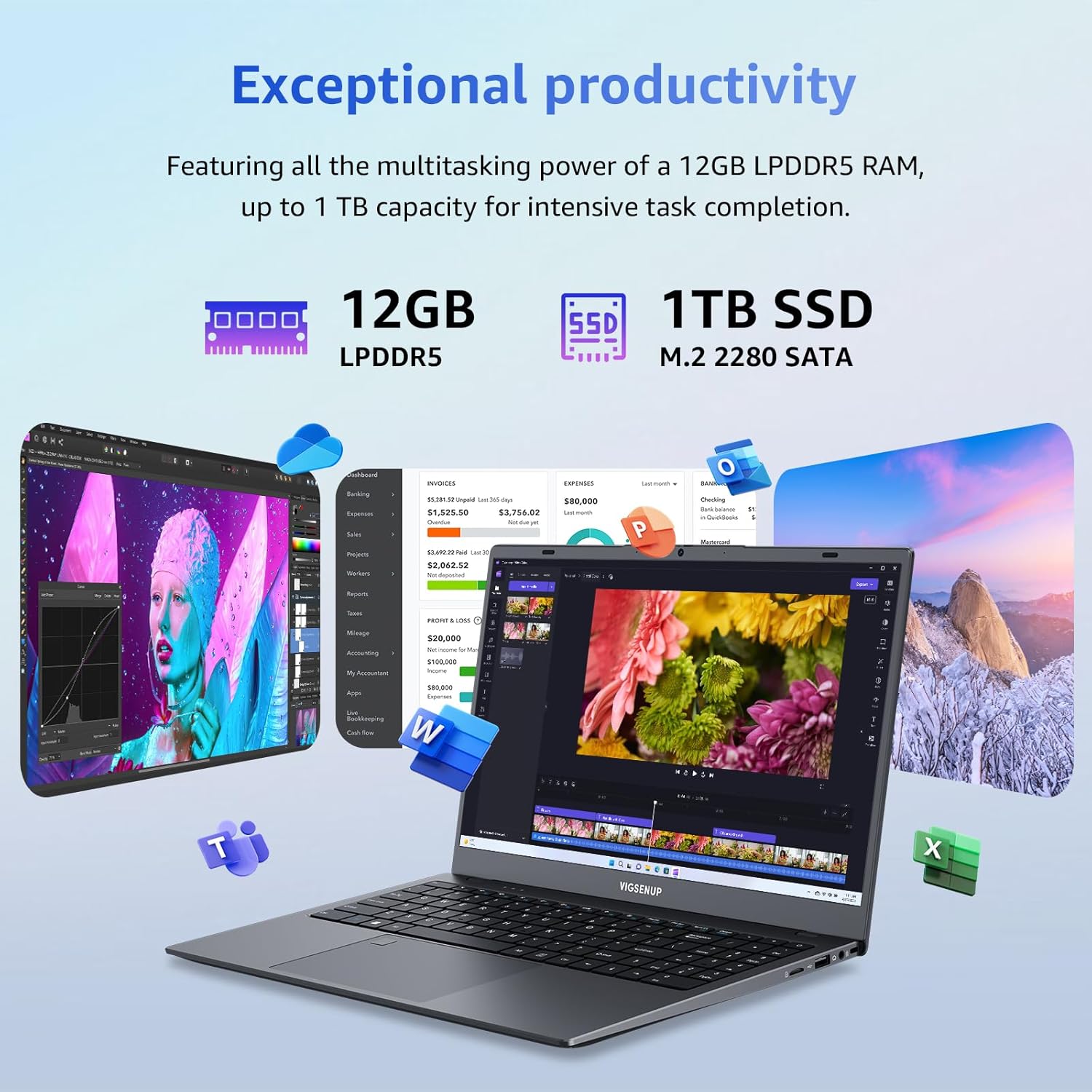 VIGSENUP Laptop, 12GB LPDDR5 RAM 1TB SSD, 15.6 Inch Laptop Computer, N95 Quad Core Processor, Up to 3.4GHz, WiFi 5, BT 5.0, USB-C, Fingerprint,Gray