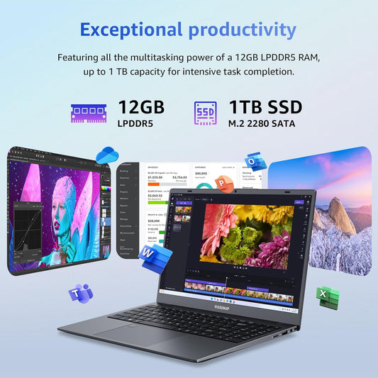VIGSENUP Laptop, 12GB LPDDR5 RAM 1TB SSD, 15.6 Inch Laptop Computer, N95 Quad Core Processor, Up to 3.4GHz, WiFi 5, BT 5.0, USB-C, Fingerprint,Gray
