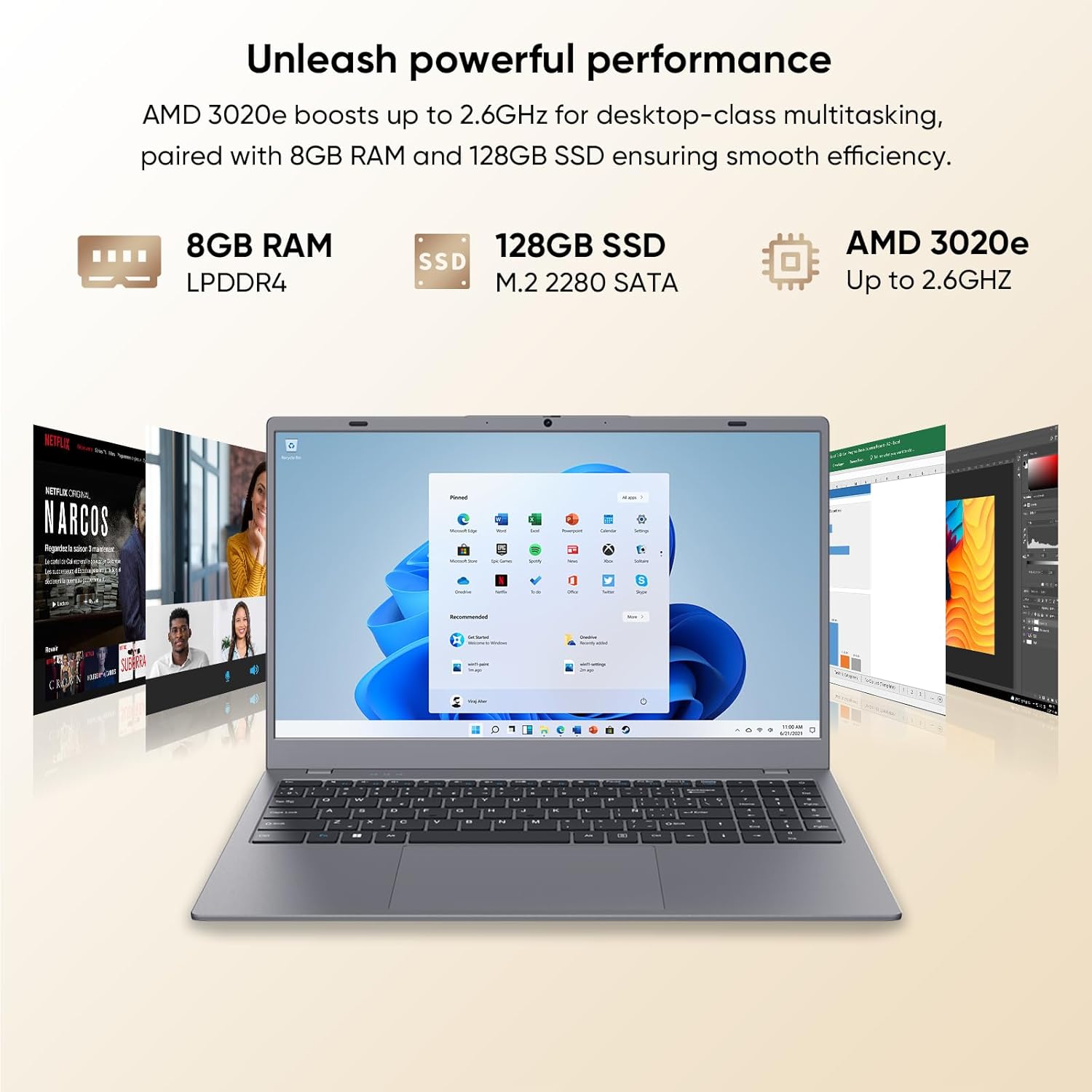 VIGSENUP Laptop,15.6'' Laptop Computer,8GB RAM LPDDR4 128GB SSD(Expandable to 1TB), AMD Athlon Processor Up to 2.6 GHz,WiFi 5,BT 5.0, Webcam, Portable and Slim Laptop
